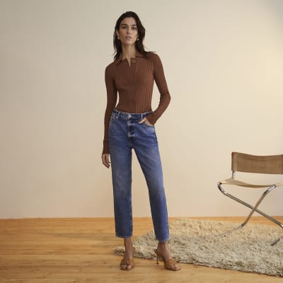 Beige RI studio button through knit top