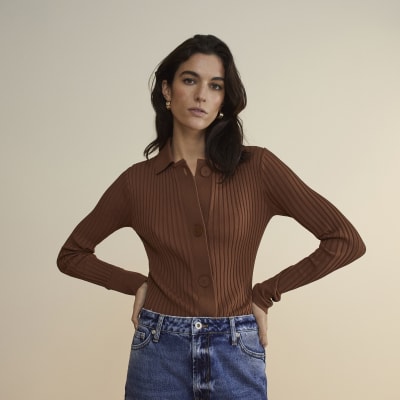 Beige RI studio button through knit top