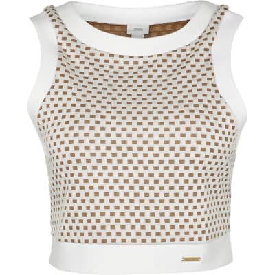 Beige RI textured jacquard racer crop top