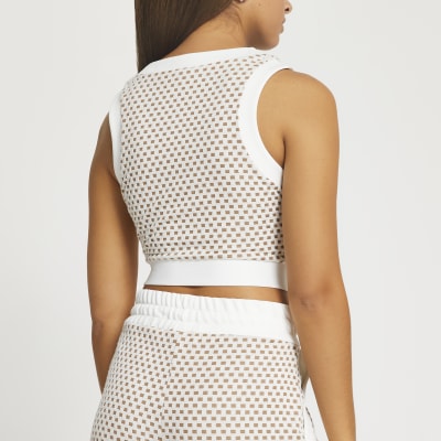 Beige RI textured jacquard racer crop top
