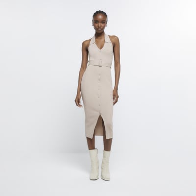 Belted ribbed 2025 midi dress