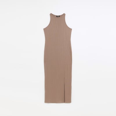 Beige rib bodycon midi dress