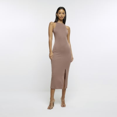 Beige rib bodycon midi dress
