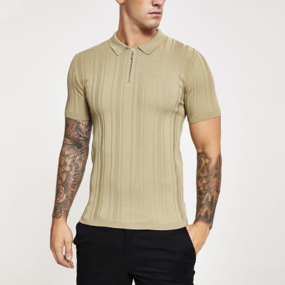 Beige rib knit muscle fit half zip polo shirt River Island