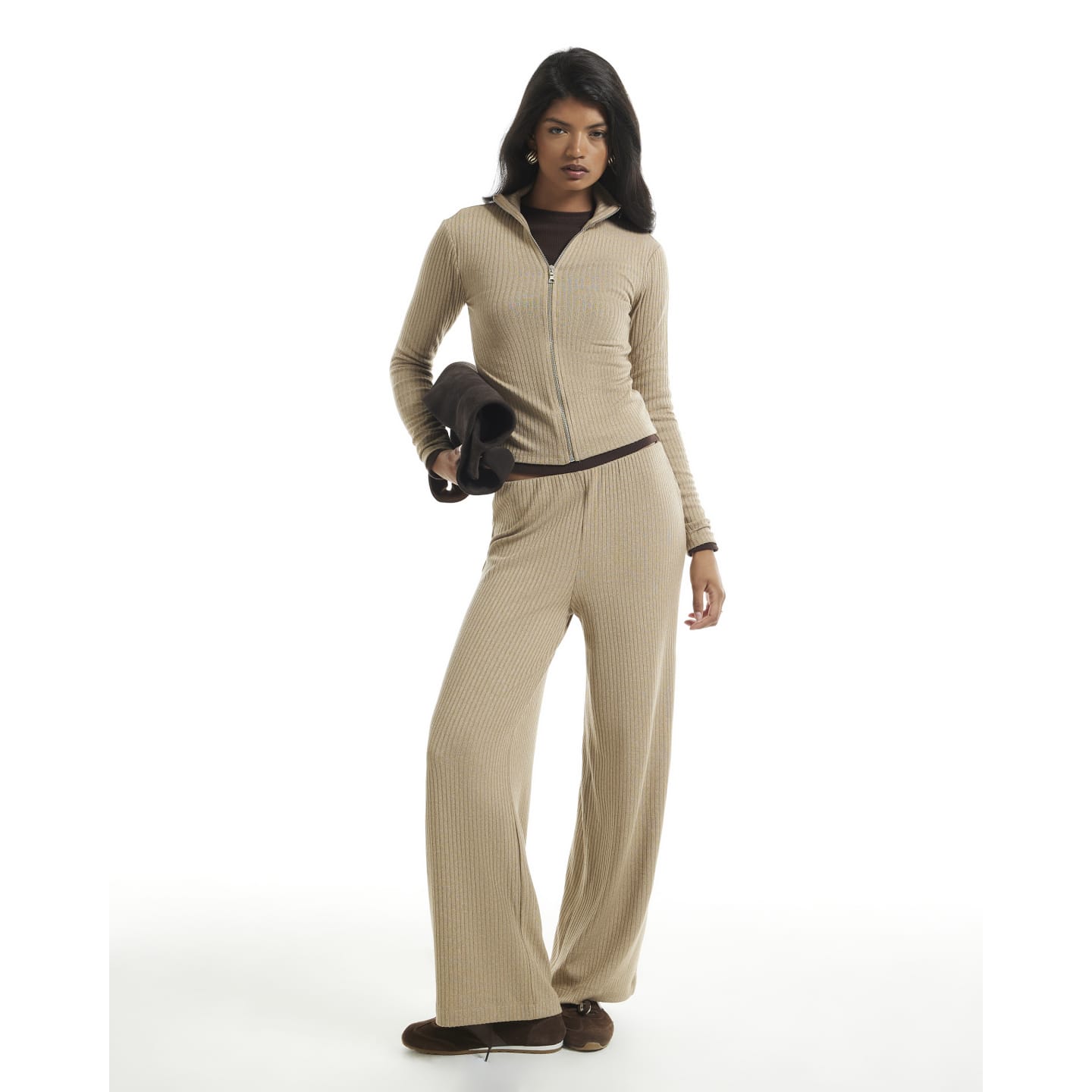 River Island Beige Rib Wide Leg Trousers — photo 1 of 1