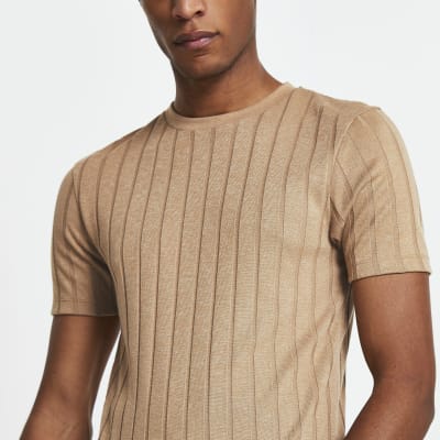 Beige ribbed muscle fit t-shirt | River Island