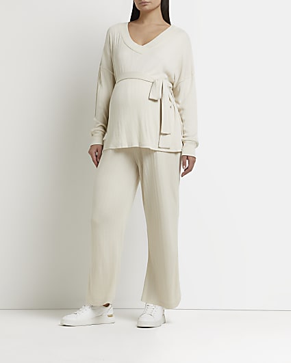 Beige ribbed wide leg maternity trousers