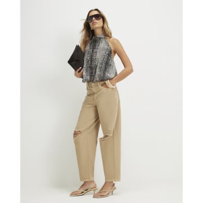 Beige Ripped Barrel Leg Jeans
