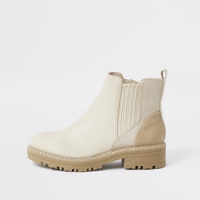 Beige round toe chelsea boots