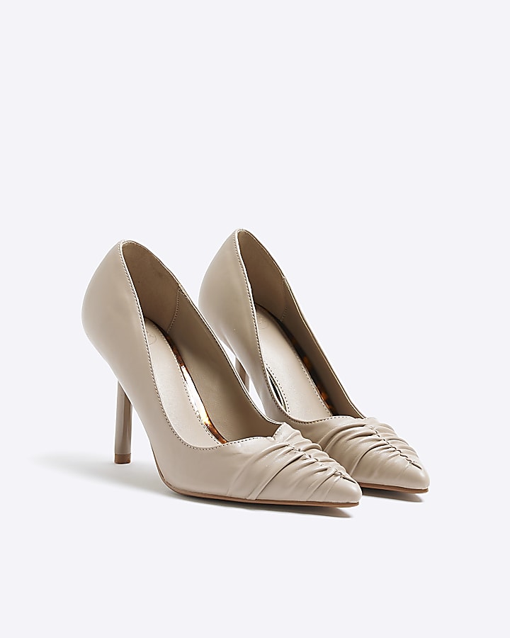 Beige ruched heeled court shoes