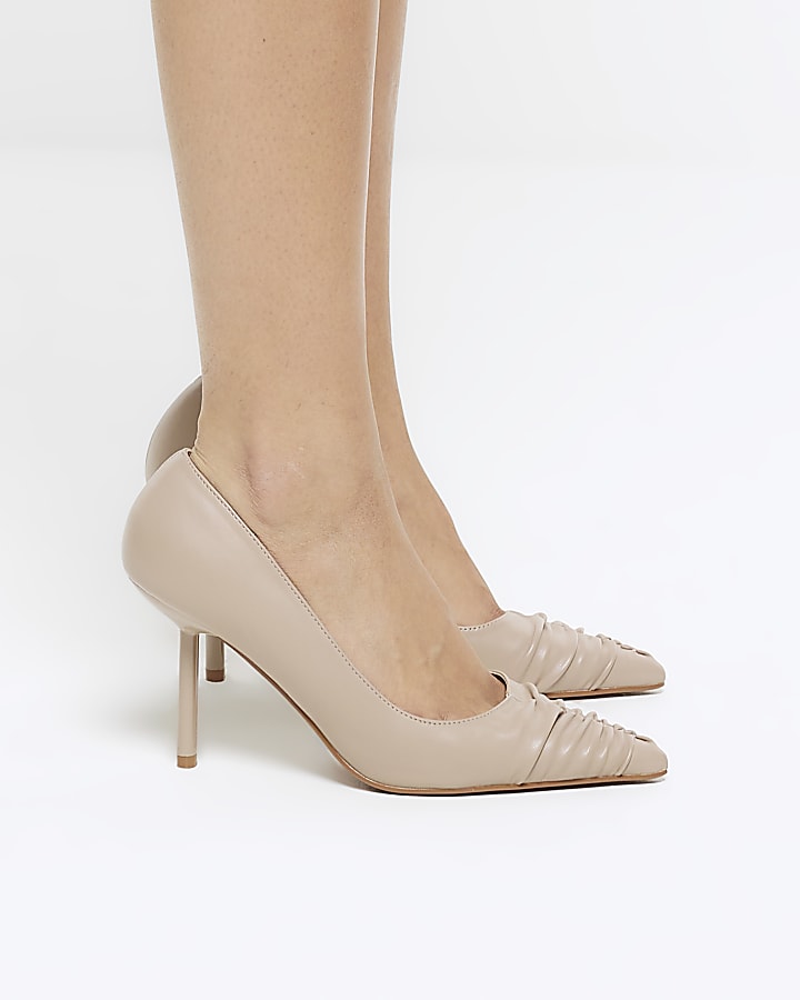 Beige ruched heeled court shoes