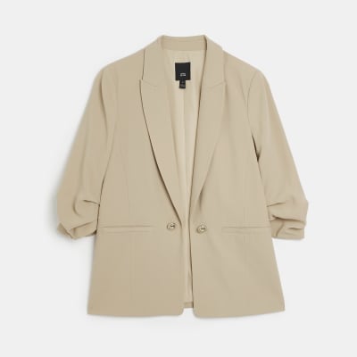 Beige Ruched Sleeve Blazer River Island