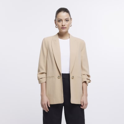 Beige Ruched Sleeve Blazer River Island