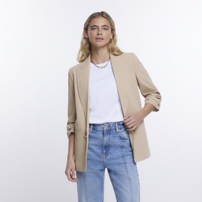 Beige ruched sleeve blazer | River Island