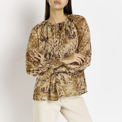 Beige satin animal print long sleeve blouse