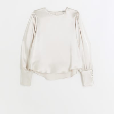 Beige satin cuffed long sleeve top | River Island