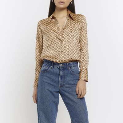 Beige satin geometric shirt