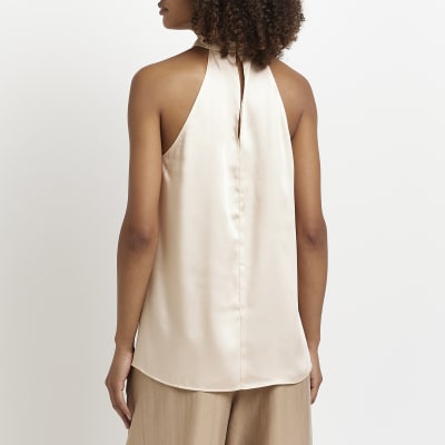 Beige satin halter neck top