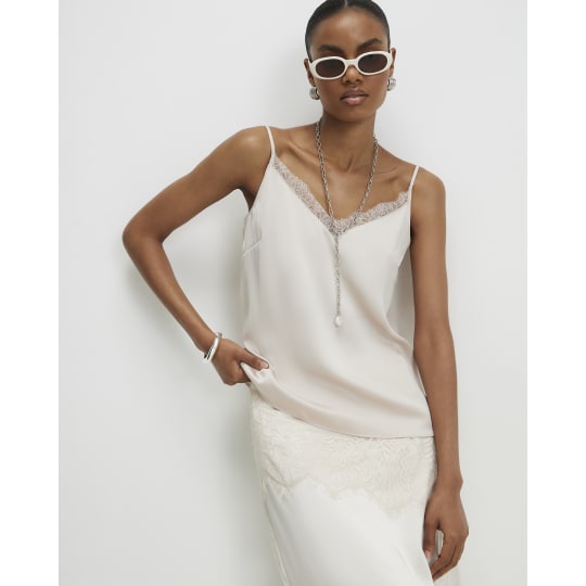 River Island Beige Satin Lace Trim Cami Top