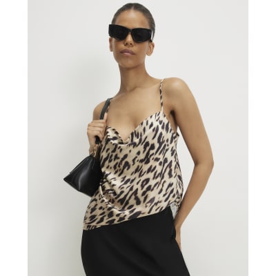 Beige Satin Leopard Print Cowl Neck Cami Top