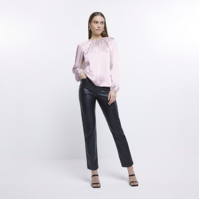 Beige satin long sleeve blouse