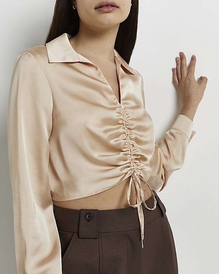 Beige satin ruched blouse