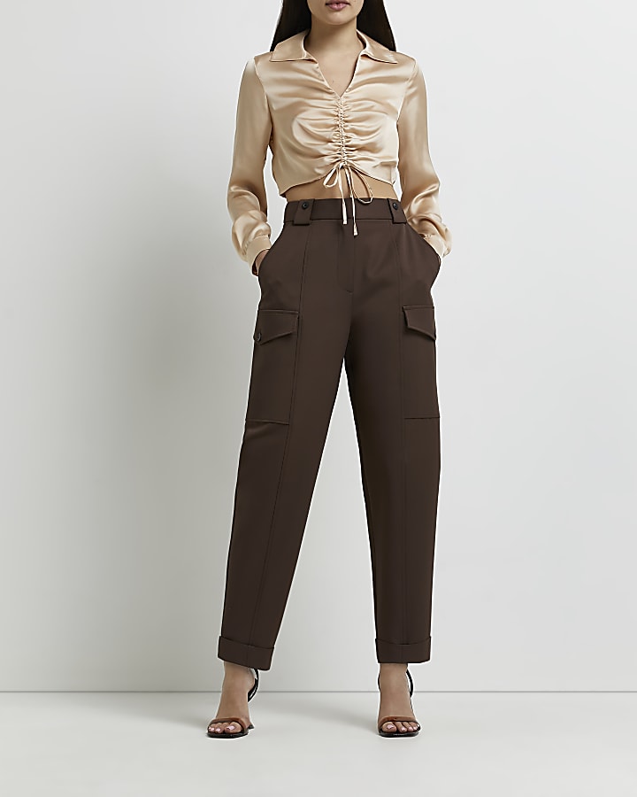 Beige satin ruched blouse