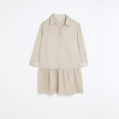 Beige satin shirt mini dress