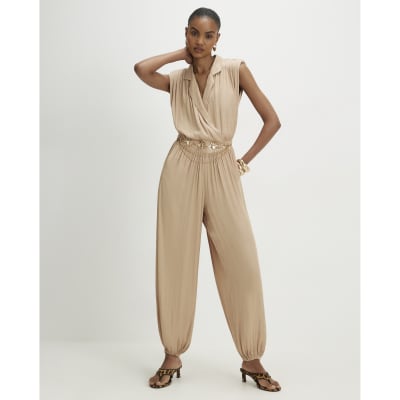 Beige Satin Shoulder Pad Balloon Leg Jumpsuit