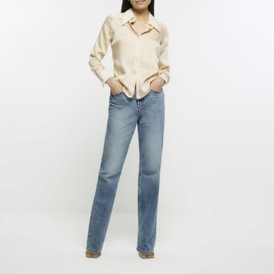 Beige satin stripe print shirt