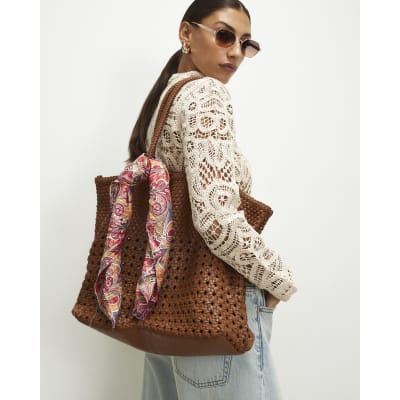 Beige Scarf Leather Woven Shopper Bag
