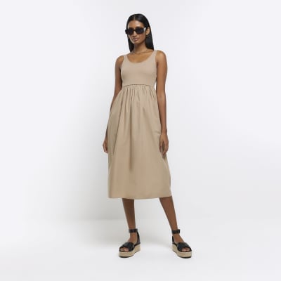 Beige scoop neckline swing midi dress | River Island