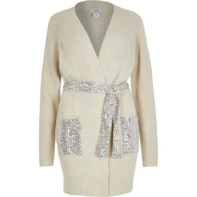 beige belted cardigan