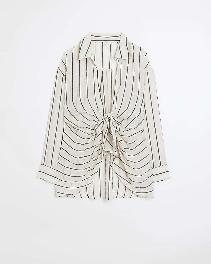 Beige sheer stripe oversized beach shirt