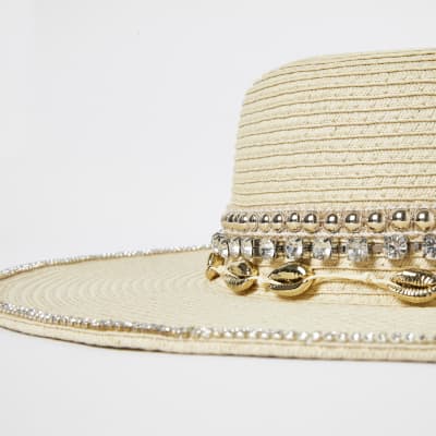 Beige shell and diamond embellished straw hat