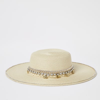 Beige shell and diamond embellished straw hat