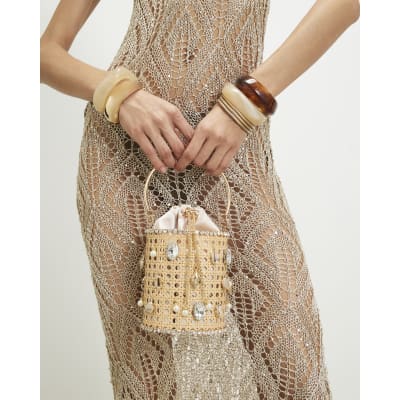 Beige Shell Cylinder Cage Clutch Bag