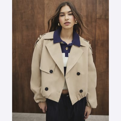 remake beige×black coat Beige Short Bubble Hem Trench Coat | River Island