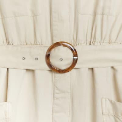 Beige short sleeve belted midi shirt dress
