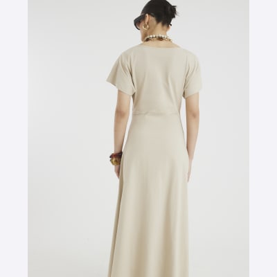 river island beige dress Beige Linen Blend Shirred Midi Dress