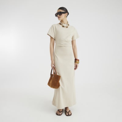 Beige Short Sleeve Drape Side Midi Dress