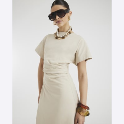 river island beige dress River Island Beige Short Sleeve Drape Side Midi Dress UK S