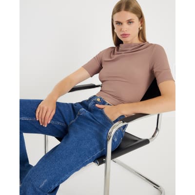 Beige Short Sleeve High Neck Drape Top