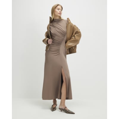 Beige Short Sleeve High Neck Maxi Dress