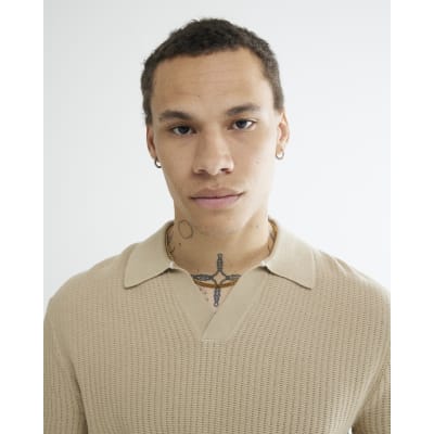 Beige Short Sleeve Open Collar Polo Shirt | River Island