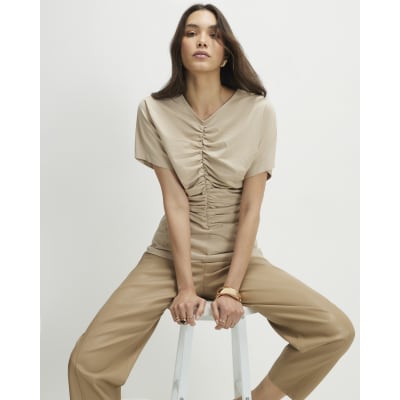 Beige Short Sleeve Ruched Front Top