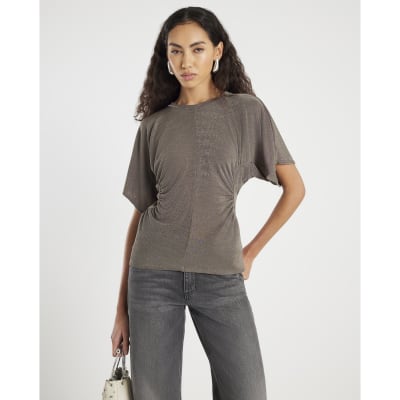 Beige Short Sleeve Ruched Waist Slinky Top