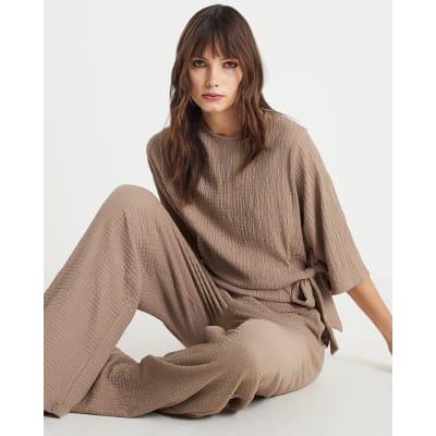 Beige Short Sleeve Textured Knot Side Top