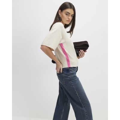 Beige Short Sleeve Tipped Jumper