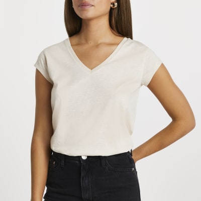 Beige short sleeve V neck t-shirt | River Island